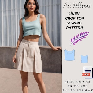 Women Linen Crop Top Sewing Pattern, Square Neck Linen Blouse, Bustier Top Pattern, Mini Cami Crop Top Pattern,Linen Shirt ,A4/A0 Format