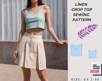 Linen Crop Top Sewing Pattern, Square Neck Blouse (A4/A0 Format)