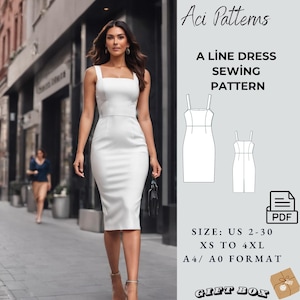 Vestido midi regata, vestido midi linha A, molde de vestido de baile, molde de vestido de verão, vestido de dama de honra, tamanho feminino 2 a 30-A4-US LETTER-formato A0
