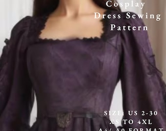 Square Neck Witch Cosplay Dress Sewing Pattern, Vintage Gothic Maxi Dress, Witch Dress, Medieval Cosplay dress pattern, XS-4XL A4 /A0 FORMAT