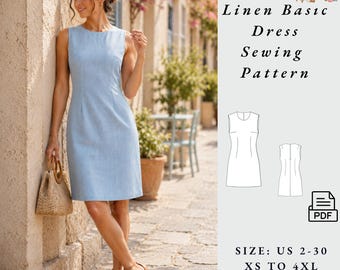 Linen Mini Dress Sewing Pattern Digital Sewing Pattern PDF Dress Pattern-A-Line Linen Dress size 2 to 30-A4-A0 Format