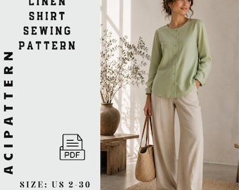 Patrón de costura para camisa de lino sin cuello para mujer, blusa de lino estilo bohemio, camisa de lino, camisa de corte holgado para mujer, patrón de blusa de verano fácil A4/A0