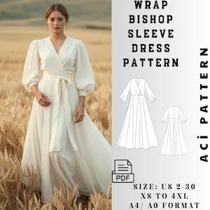 Patron de couture de robe portefeuille, patron de robe à manches longues, robe longue portefeuille en lin, robe bohème à manches bouffantes, robe cottage PDF 2 A4 /A0