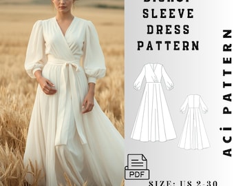 a line wrap dress pattern A Line Wrap Dress Sewing Pattern - Women Maxi Linen Dress Digital Pattern -  Bishop Long Sleeve Dress Instant Download PDF Pattern