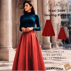 May include: A sewing pattern for a maxi skirt. The pattern is available in sizes US 2-30, XS to 4XL. The pattern is in A4/A0 format. The image shows a woman wearing a red maxi skirt and a blue turtleneck sweater.