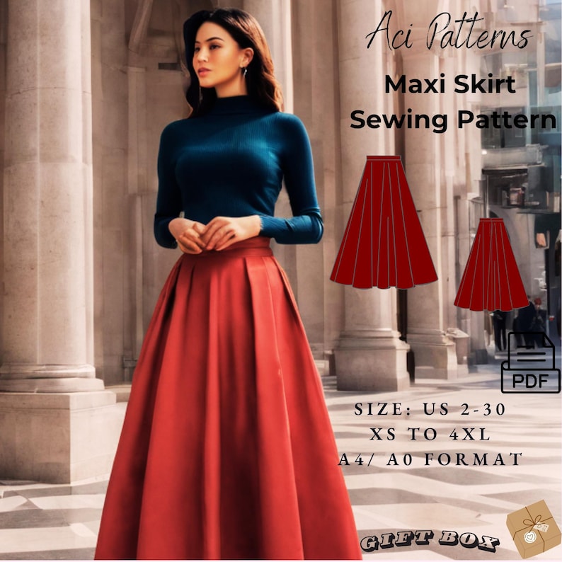 May include: A sewing pattern for a maxi skirt. The pattern is available in sizes US 2-30, XS to 4XL. The pattern is in A4/A0 format. The image shows a woman wearing a red maxi skirt and a blue turtleneck sweater.