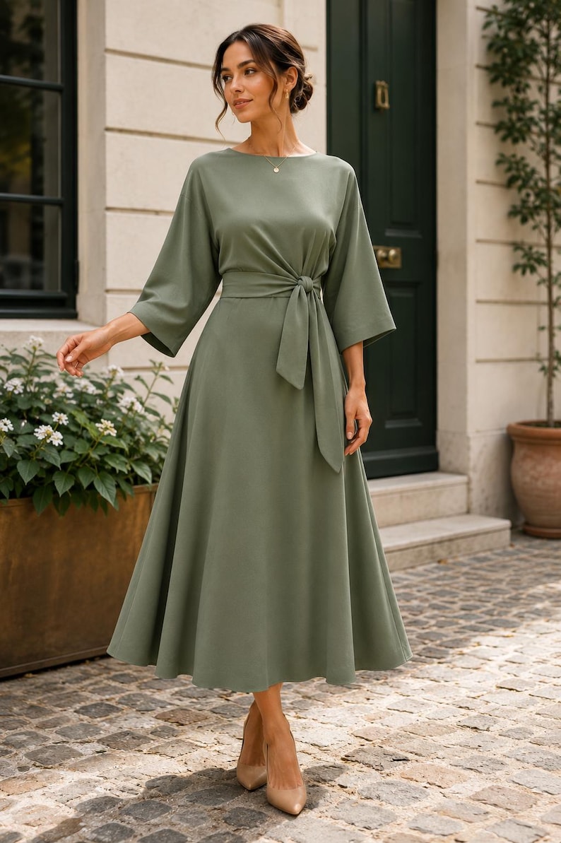 May include: A sage green midi dress featuring a round neckline, three-quarter length sleeves, and a waist tie detail. The dress has a fitted bodice that transitions into a flared skirt, reaching below the knees, paired with neutral-toned heels.