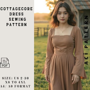 Fairy Cottagecore Dress Pattern- Regency Dress- Renaissance Dress- Gathered Waist Midi Dress- Elvish Dress, Maxi Dress  Size 2 to 30-A4