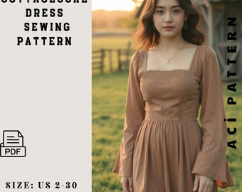 Fairy Cottagecore Dress Pattern- Regency Dress- Renaissance Dress- Gathered Waist Midi Dress- Elvish Dress, Maxi Dress  Size 2 to 30-A4