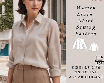 Patrón de costura para camisa de lino para mujer, blusa de lino bohemia, camisa de lino, camisa holgada para mujer, patrón de blusa de verano fácil XS-4XL