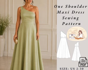 One-shoulder maxi dress pattern | women's dress sewing pattern | slit dress pattern | evening dress, prom dress pattern PDF  2-30  A4 US A0