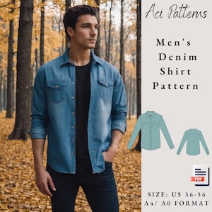Denim shirt met lange mouwen naaipatroon, herenshirt met lange mouwen, denim shirt herfststijl, maattabel 36 to56-A4-USLETTER-A0Format