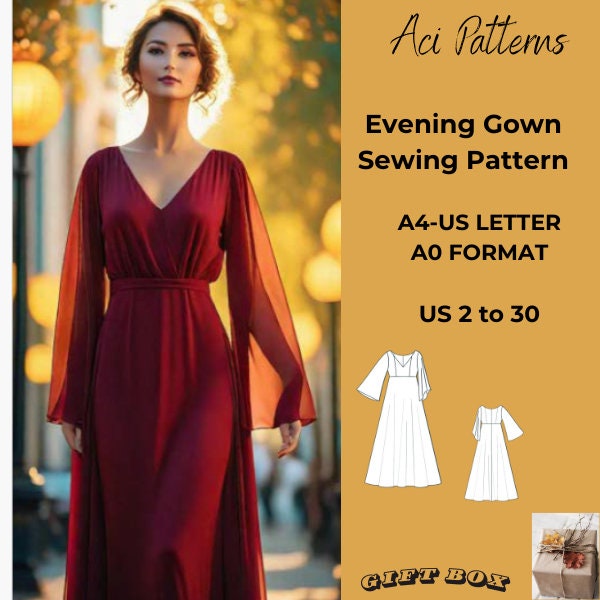 Evening Gown Sewing pattern, Ladies size 2 to 30-A4-US LETTER-A0 Format