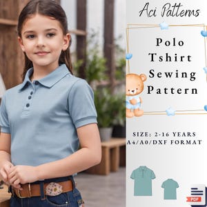 Patrón de costura para camiseta de cuello alto para niñas, manga corta, vestido para la vuelta al cole, camiseta escolar, talla 2-16 años, A4-A0, carta de EE. UU.