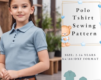 Girls Polo Neck Tshirt Sewing Pattern,Short Sleeve,Back-to-School Dress,School Tshirt,Size 2-16 Years,A4-A0 US LETTER