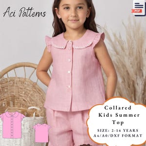 Patrón de costura para blusa de niña con cuello, patrón de costura para blusa de niña en PDF, patrón de blusa fácil en PDF, patrón de costura para blusa de niña, patrón de blusa para niña de 2 a 16 años, tamaño A4-A0, carta de EE. UU.