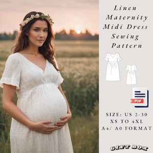 Patrón de costura de vestido de maternidad de lino, tallas de mujer 2 a 30, formato A4, carta estadounidense, A0
