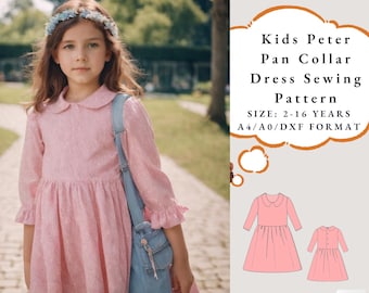 Kids Peter Pan Collar Dress Sewing Pattern,PDF Kids Dress Sewing Pattern,Girls Dress Sewing Pattern - Size 2-16 Years, A4-A0 US LETTER