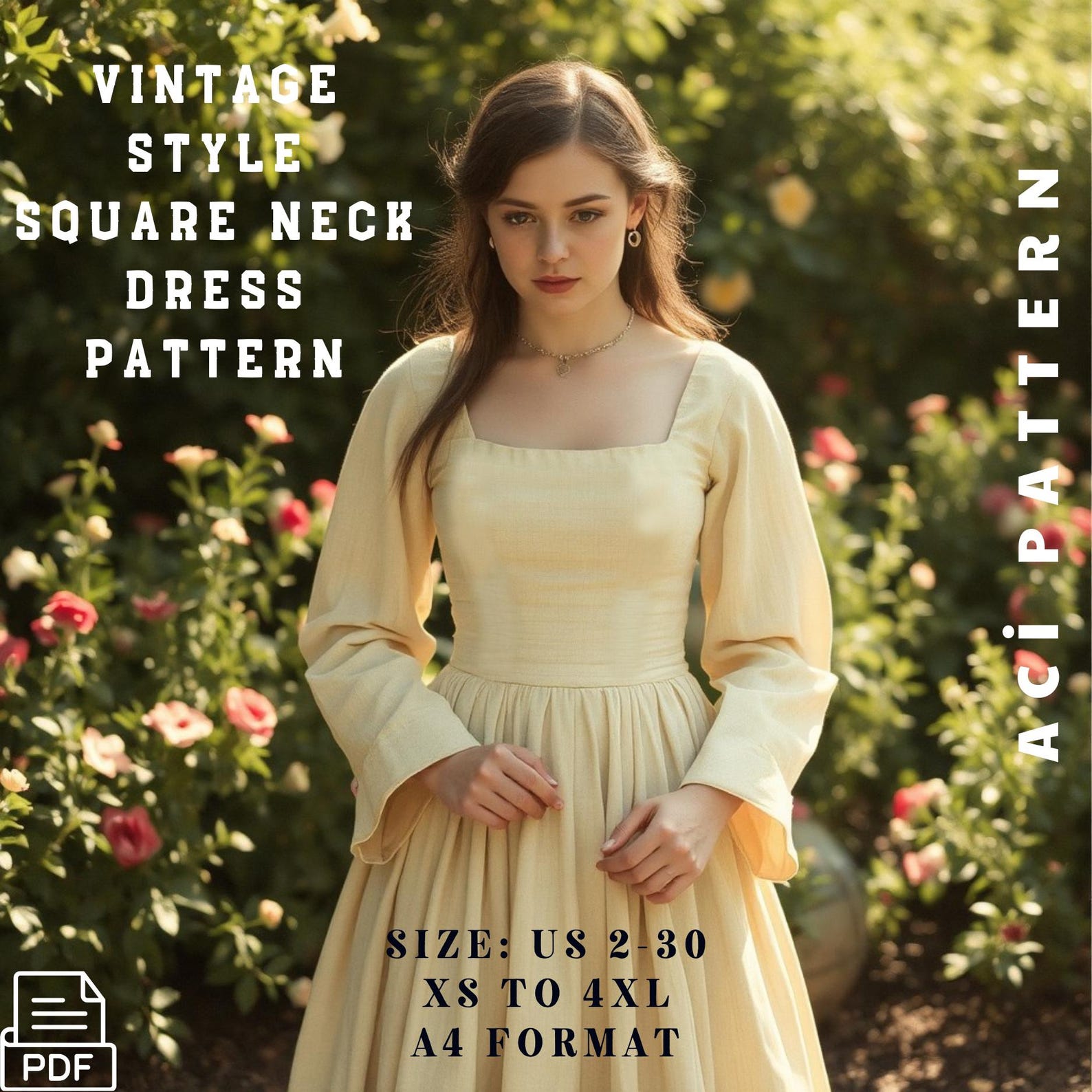 Vintage Style Square Neck Dress Pattern- Long Sleeve Dress PDF Pattern ...
