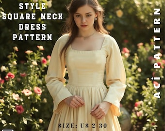 Vintage Style Square Neck Kleidermuster - Langarm Kleid PDF Pattern - Raffene Taille Maxi Kleid Schnittmuster- 2 zu 30-A4-