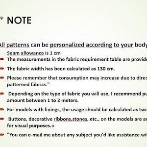 May include: A note with instructions for personalizing sewing patterns. It includes information about seam allowance, fabric requirements, and additional tips for sewing projects.