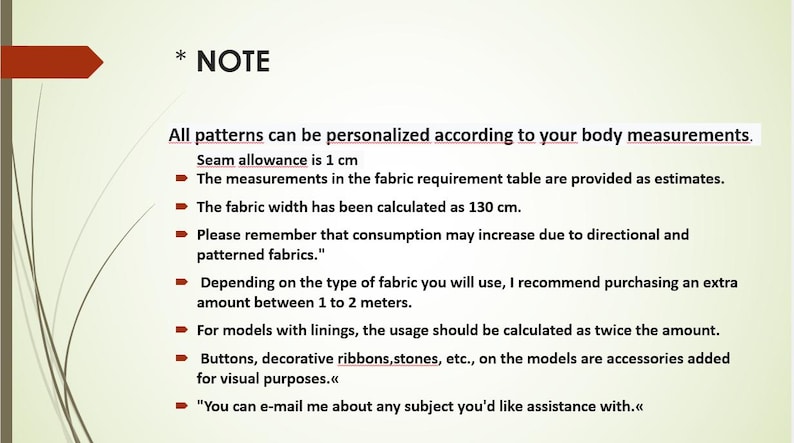 May include: A note with instructions for personalizing sewing patterns. It includes information about seam allowance, fabric requirements, and additional tips for sewing projects.