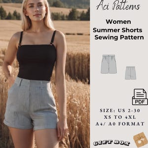 Patrón de costura para pantalones cortos acampanados de cintura alta, pantalones playeros holgados, tallas de mujer 2 a 30 // Formato A4-US LETTER-A0