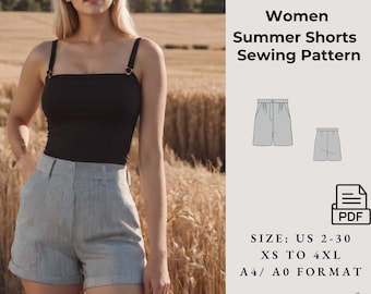 High Waisted Flare Shorts Sewing Pattern,  Loose Beach Pants Sewing patterns,Ladies size 2 to 30 // A4-US LETTER-A0 Format