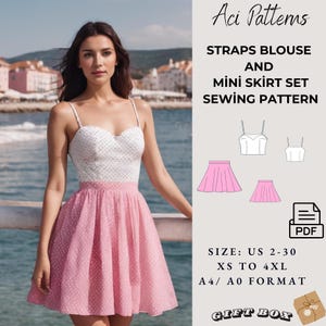 Patrón de conjunto de verano Cottagecore, blusa con tirantes, vestido con minifalda, tallas de mujer 2 a 30, formato A4, carta de EE. UU., A0