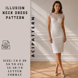 May include: A white illusion neck dress pattern in PDF format. The dress features a sheer neckline and a fitted silhouette. The pattern is available in sizes US 2-30, XS to 4XL, and A4/A0/US letter format. The text "ACIPATTERN" is displayed vertically.