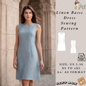 Patrón de costura de vestido mini de lino Patrón de costura digital PDF Patrón de vestido Vestido de lino, talla de mujer 2 a 30, formato A4, carta de EE. UU., A0