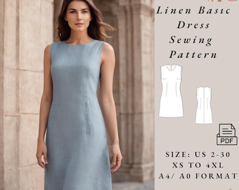 Linen Mini Dress Sewing Pattern Digital Sewing Pattern PDF Dress Pattern Linen Dress ,Ladies size 2 to 30-A4-US LETTER-A0 Format