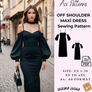 Off Shoulder,Maxi Evening,Dress Sewing Pattern,Formal Cocktail Dress,Evening Gown, Ball Gown Pattern, size 2 to 30-A4-US LETTER-A0 Format