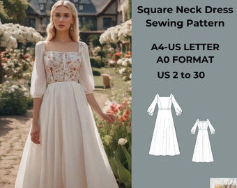 Square Neck Midi Dress Sewing Pattern, Ladies size 2 to 30-A4-US LETTER-A0 Format