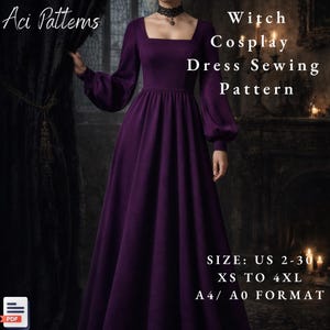 Wykrój na sukienkę cosplay czarownicy z kwadratowym dekoltem, XS-4XL (format A4/A0) (PDF)