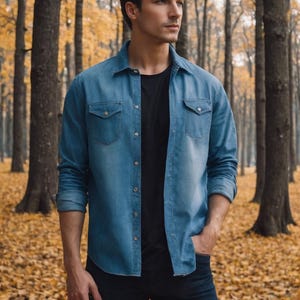 Puede incluir: Un hombre con una camisa vaquera azul sobre una camiseta negra y unos vaqueros azul oscuro. Está de pie en un bosque con hojas caídas en el suelo.