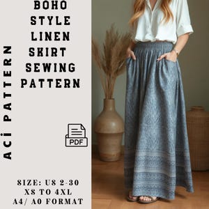 Peut inclure: Une jupe en lin grise à motifs avec des poches est présentée. Le texte sur l'image indique "BOHO STYLE LINEN SKIRT SEWING PATTERN" et "SIZE: US 2-30 XS TO 4XL A4/ A0 FORMAT". Le patron de couture est au format PDF.