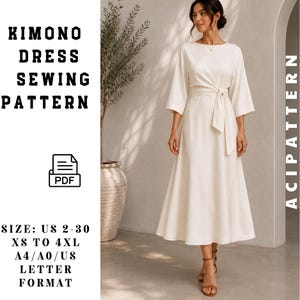 May include: A digital PDF sewing pattern for a cream-coloured kimono dress. The text reads KIMONO DRESS SEWING PATTERN, SIZE: US 2-30, XS TO 4XL, A4/A0/US LETTER FORMAT, and ACIPATTERN. The dress features three-quarter sleeves and a tie-waist detail.