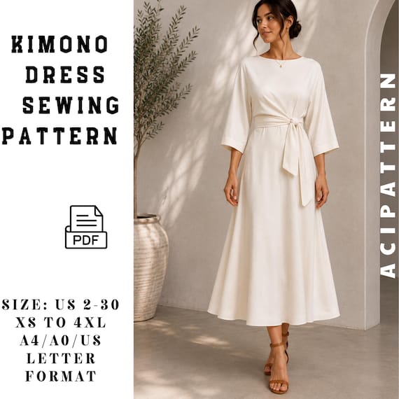 Batwing Sleeve Dress Pattern PDF, Women's Midi Dress Sewing Pattern, Belted Dress Pattern, Boat Neck Dress, A4 A0 US Letter Size Pattern