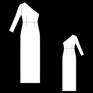 K&ouml;nnte beinhalten: Zwei wei&szlig;e One-Shoulder-Kleider, eines lang und eines kurz, mit einer figurbetonten Silhouette.