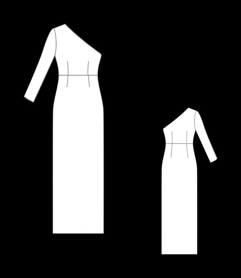 K&ouml;nnte beinhalten: Zwei wei&szlig;e One-Shoulder-Kleider, eines lang und eines kurz, mit einer figurbetonten Silhouette.