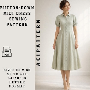 Button Front Shirt Dress Sewing Pattern PDF, Vintage Midi Dress Pattern, Princess Seam Bodice, Short Sleeve Dress Pattern 2 to 30