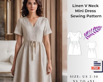 Linen Mini Dress Sewing Pattern, Ladies Size 2-30 (PDF Pattern)