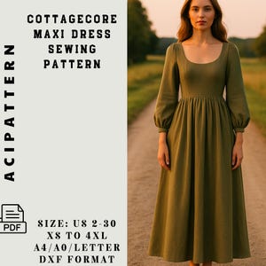 Puede incluir: Una mujer con un vestido largo maxi verde oliva con mangas largas y escote redondo. La imagen es un patrón de costura para un "Vestido Maxi Cottagecore", tallas US 2-30, XS a 4XL, y formato A4/A0/Letter DXF. El texto "ACIPATTERN" está a la izquierda.