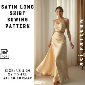 Satin Long Skirt Sewing Pattern-Skirt Sewing Pattern-A Cut Skirt Sewing Pattern-Women&#39;s Skirt Pattern - DIY Satin Skirt - PDF Skirt Pattern