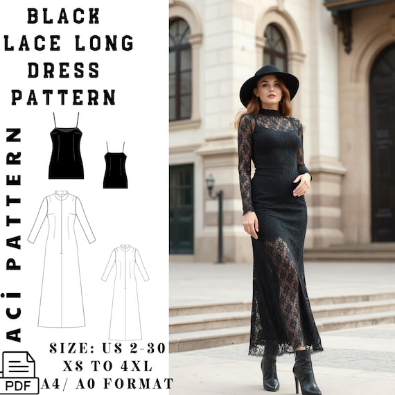 Black Vintage Lace Maxi Pattern | Sheer Sleeve PDF 2 to 30 A4/ A0 - Etsy Black Vintage Lace Maxi Pattern | Sheer Sleeve PDF 2 to 30 A4/ A0 - Etsy