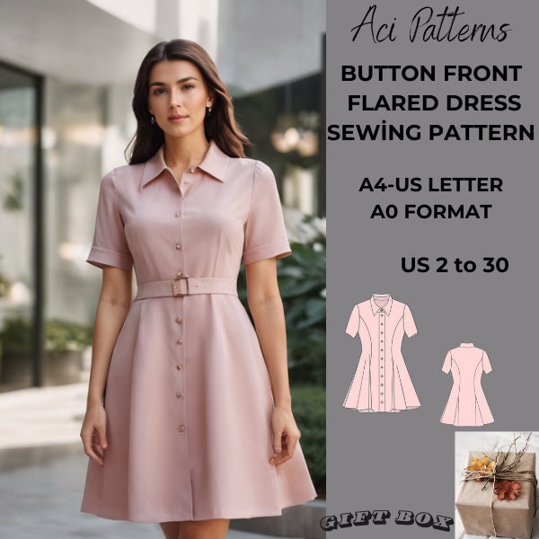 Button Down Dress Sewing Pattern, Cottagecore Dress Sewing Pattern, Flared Dress Pattern, Button Front Dress, Million Button Dress, XS-4XL