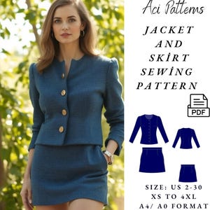 Jacket and Skirt Women pdf sewing pattern ,Easy Digital PDF,instant download,Tweed Jacket Mini Skirt Pattern With Tutorial 2 To 30 - A4 / A0
