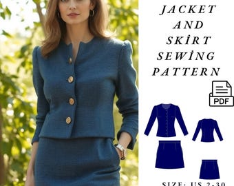 Jacket and Skirt Women pdf sewing pattern ,Easy Digital PDF,instant download,Tweed Jacket Mini Skirt Pattern With Tutorial 2 To 30 - A4 / A0