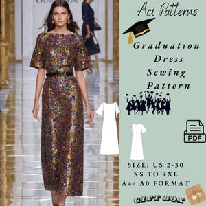 Puede incluir: Un patrón de costura para un vestido de graduación en formato PDF. El patrón está disponible en las tallas US 2-30 y XS a 4XL. El patrón se imprime en papel A4/A0.